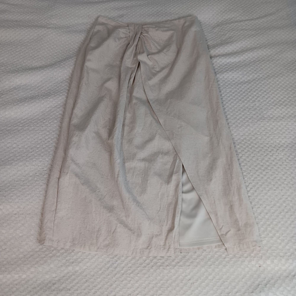 VICI Cross Front Slit Linen Blend Midi Skirt Sz L Beacy Boho Coastal Minimalist